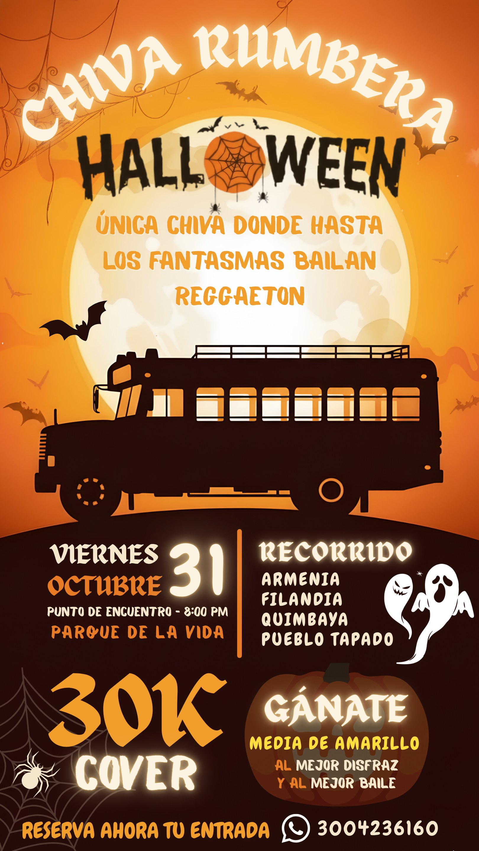 Flyer de Chiva Rumbera Halloween, variante 1: recorrido y reservas