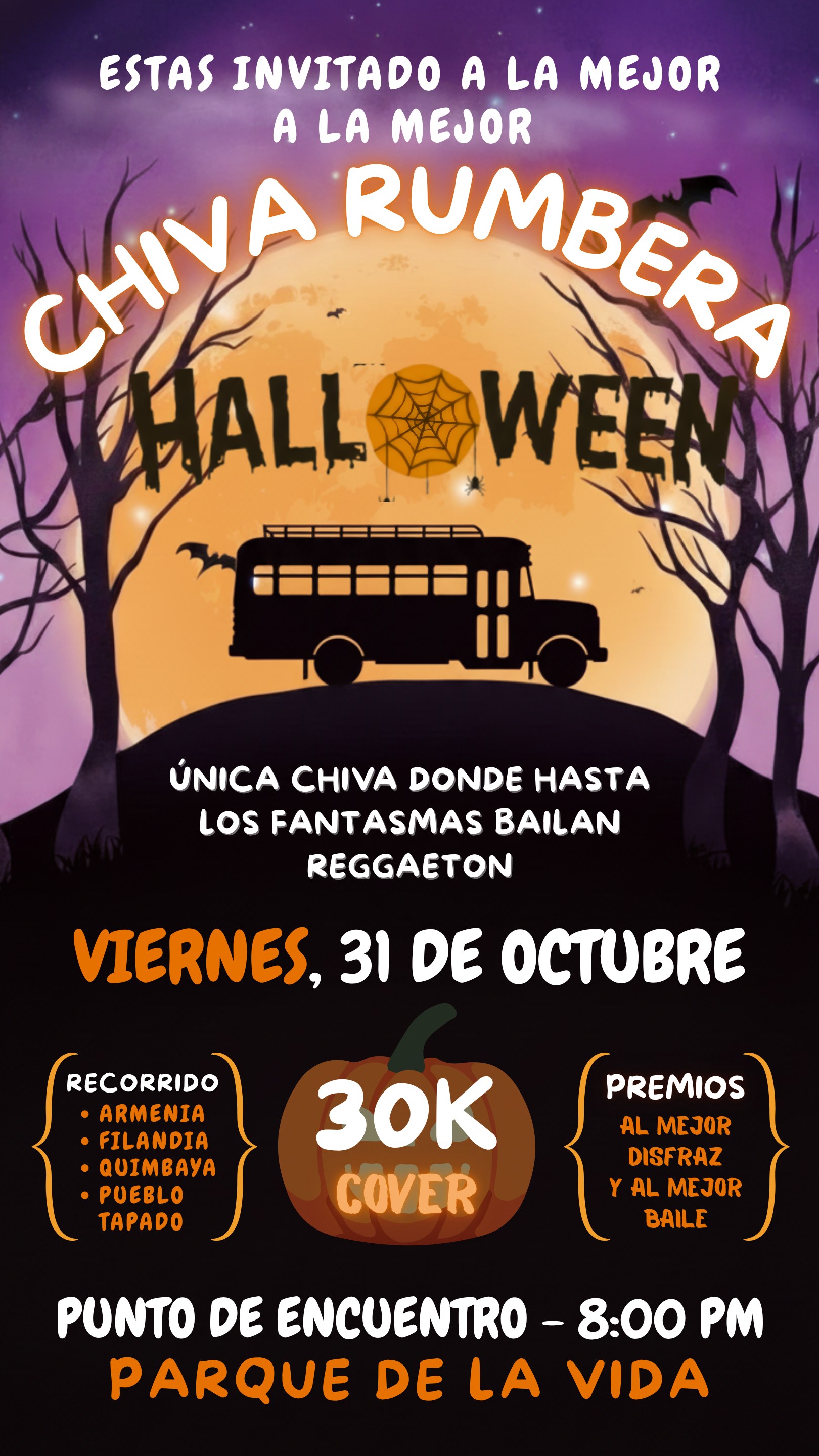 Flyer de Chiva Rumbera Halloween, variante 2: premios y cover