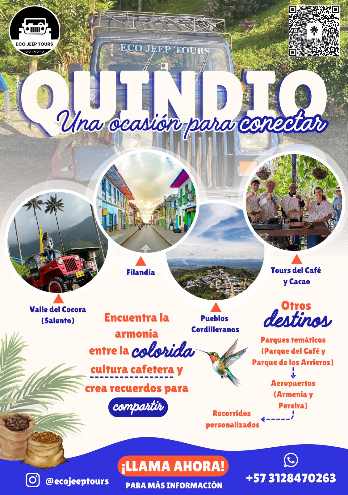 Volante de Eco Jeep Tours, frente: «Es tiempo de Explorar» con los destinos y QR