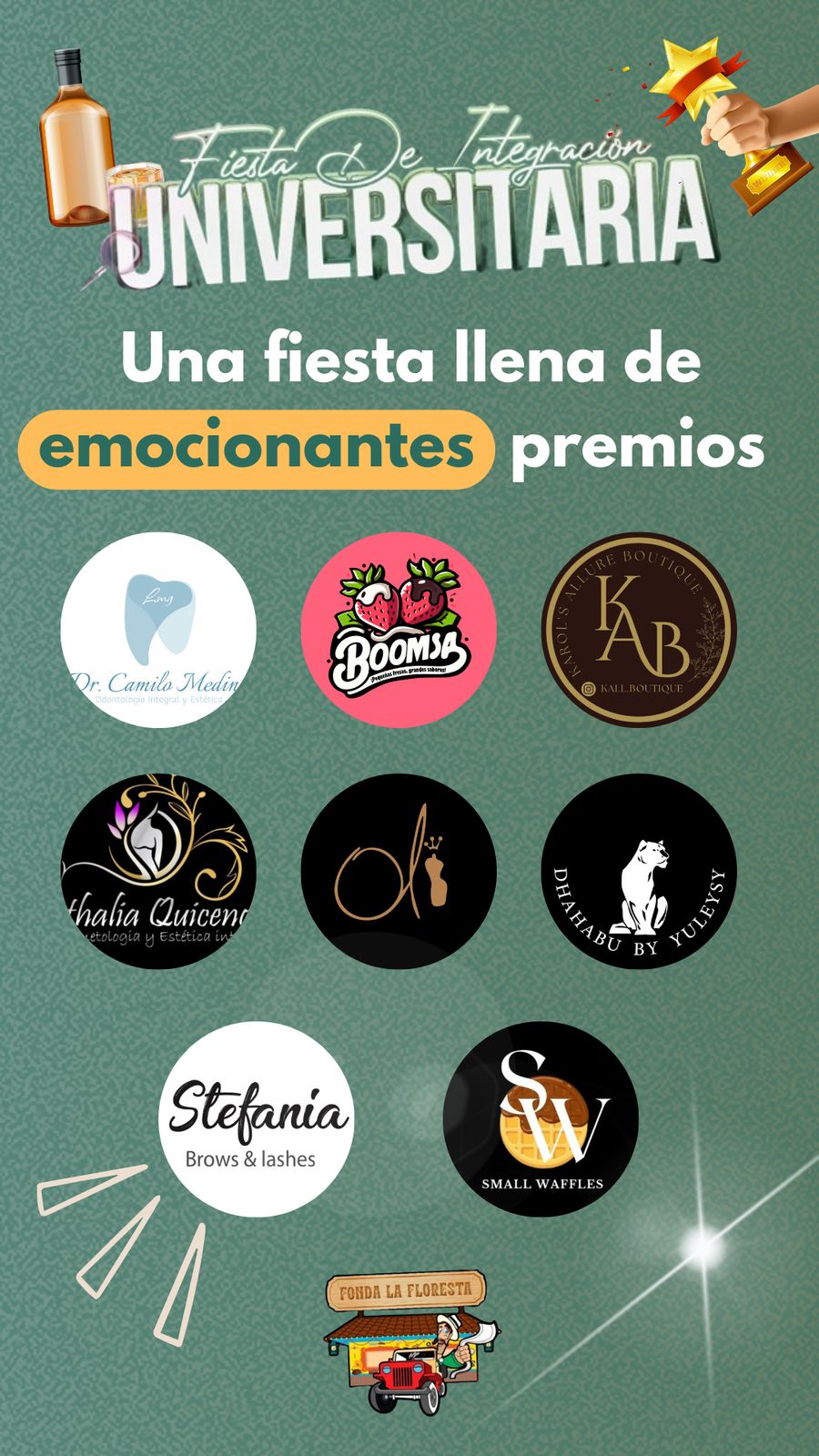 Pieza madre de la fiesta con el titular de premios y los logos de los patrocinadores