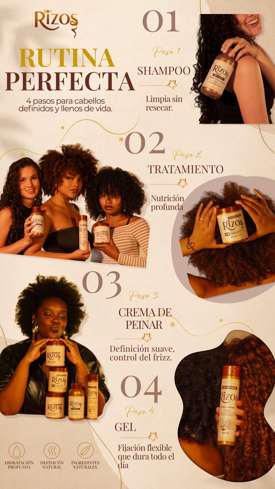 Pieza gráfica «Rutina perfecta»: los cuatro pasos de la rutina de cabello rizado