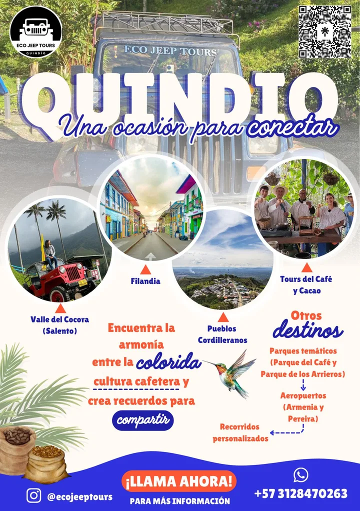 Volante de Eco Jeep Tours, frente: «Es tiempo de Explorar» con los destinos y QR