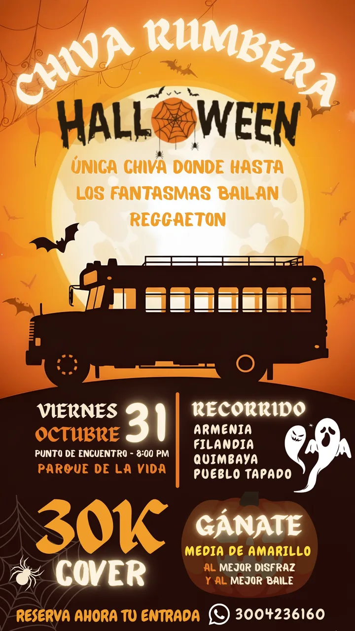 Flyer de Chiva Rumbera Halloween, variante 1: recorrido y reservas